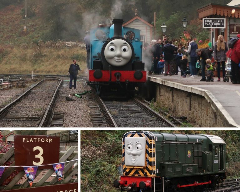 a fun day out with Thomas the tank engine - photo collage of Thomas and a Diesel engine