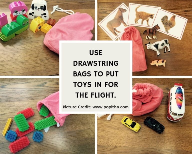 Awesome Tips For Flying With Babies and Toddlers - Using draw-string bags for toys on planes.