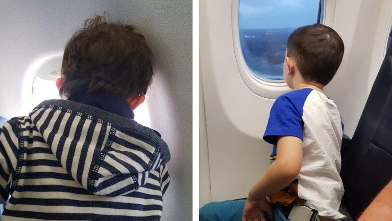 Awesome Tips For Flying With Babies and Toddlers - Toddler and boy looking out of an airplane window