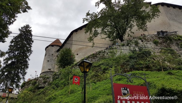 A view up the side of Bled castle from the car park