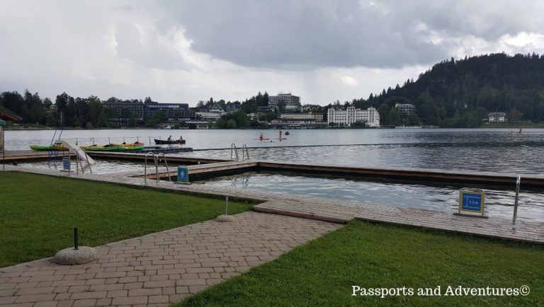 The Lake Bled Lido looking towards the town of Bled