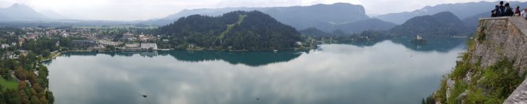 Panorama view of Lake Bled from the castle which sits on top of a hill overlooking the lake