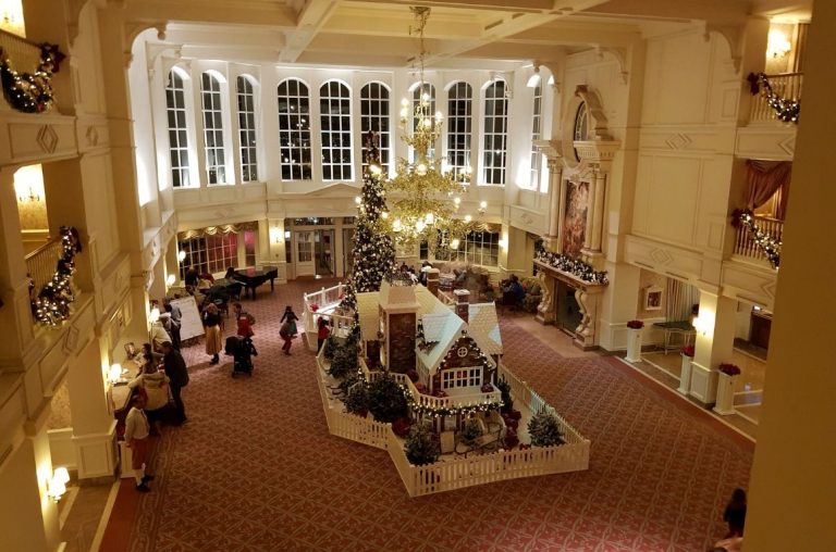 The Disneyland Hotel lobby decorated for Christmas in December 2017