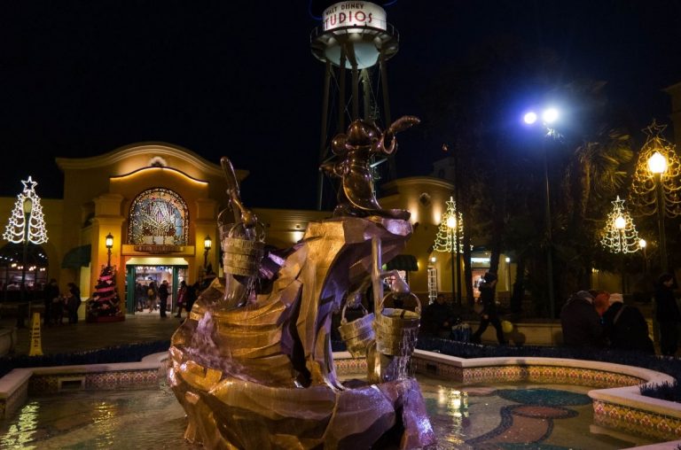 The front of the Walt Disney Studios, Paris at night