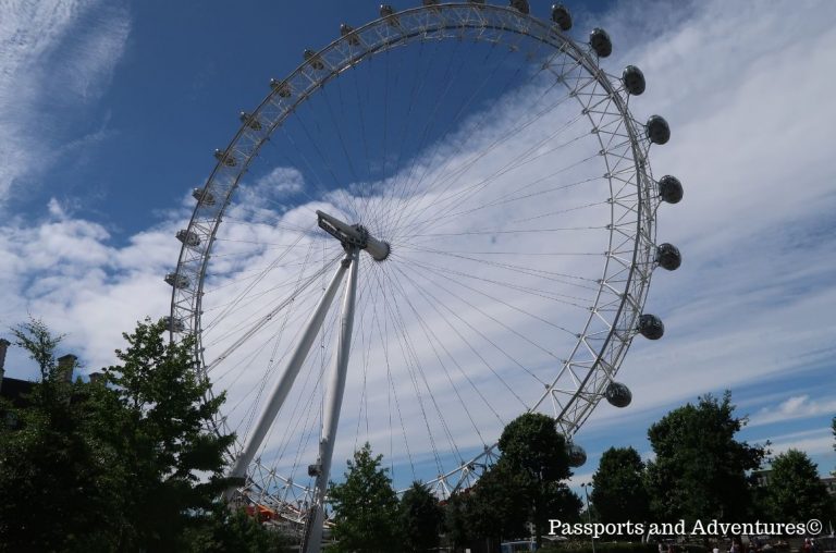 A view of the London Eye giant Ferris wheel from the Jubilee Gardens