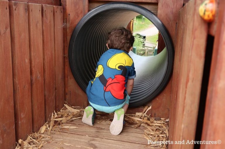 A little boy in a blue Mickey Mouse shirt and shorts entering a tunnel in a children's playground at Bluestone