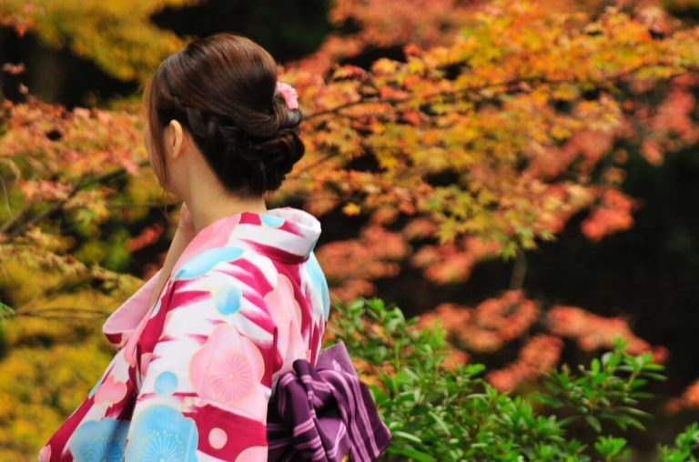 A picture of a Japanese lady wearing a kimono in front of Japanese Acer trees