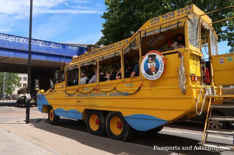 A yellow and blue amphibian vehicle used for the Duck Tours, London