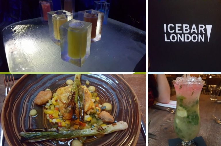 A picture collage of drinks and food from the Ice Bar in London, one of the awesome things to do on a girls weekend in London