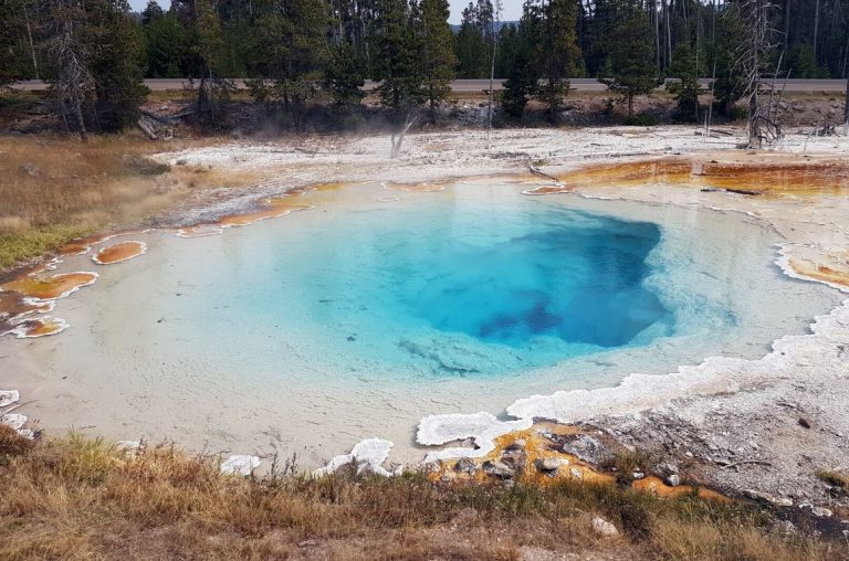 A picture of a blue volcanic spring pool in Yellowstone National Park with turquoise water and white crusty edges
