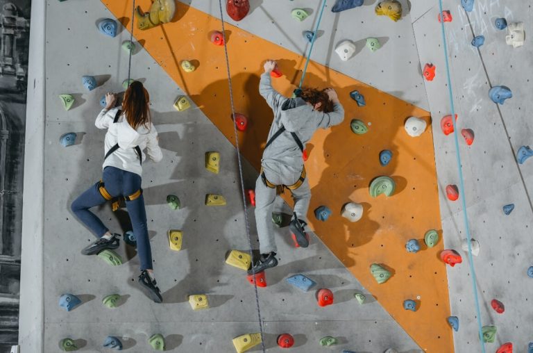 A picture of two teenagers attempting a bouldering walls.