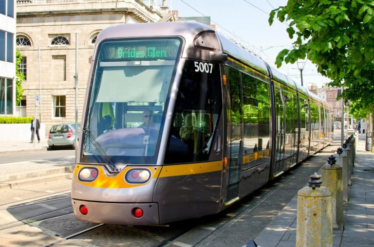 A picture of the Red Line Luas tram on St Stephen's Green in Dublin