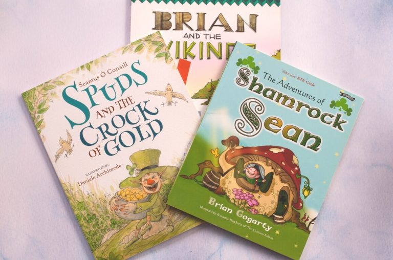 A picture of three of the best books set in Ireland for kids, Shamrock Sean, Spuds and the Crock of Gold, and Brian and the Vikings
