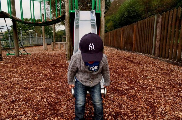A picture of a young boy coming down the slide of the Brecon Mountain Railway playground