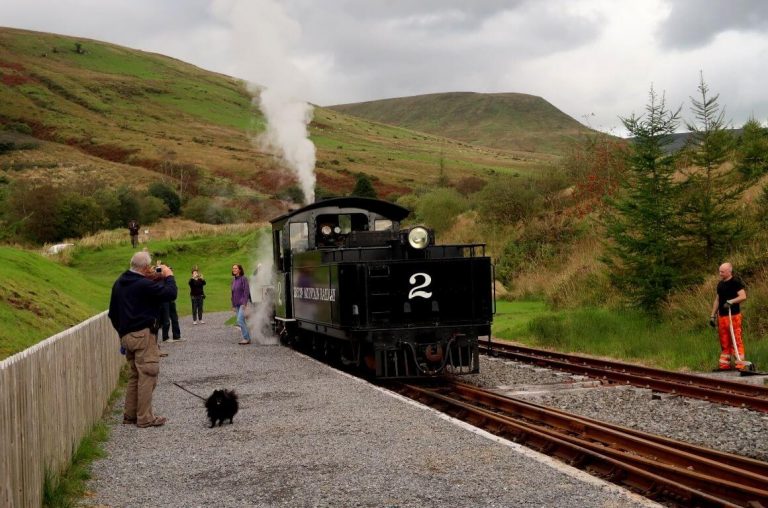 A picture of the steam engine turning around on the Brecon Mountain Railway