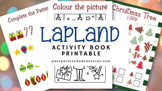 A feature image picture with three sample pages from a Lapland Activity Book Printable